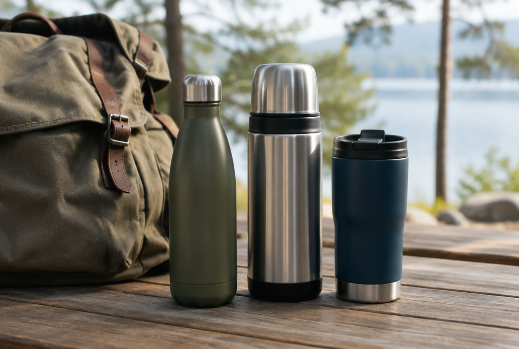 Une gourde isotherme, un thermos avec bouchon-tasse et un mug isotherme alignés sur une table en bois près d'un sac à dos Image