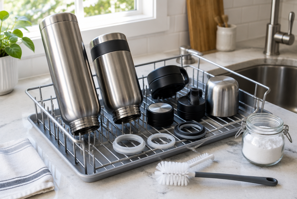Gourde et thermos en inox démontés en train de sécher à l'envers sur un égouttoir, à côté d'un goupillon et d'un pot de bicarbonate Image