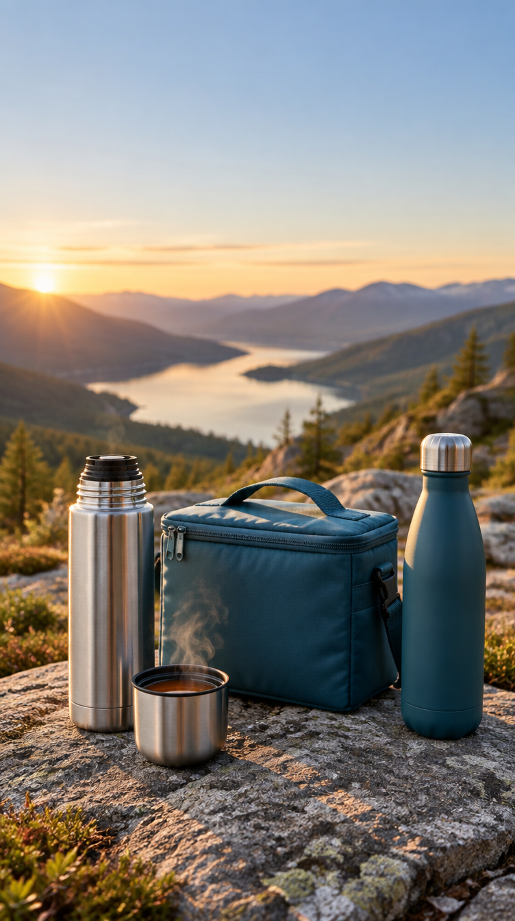 Thermos inox, lunch bag isotherme et gourde posés sur un rocher en montagne au lever du soleil