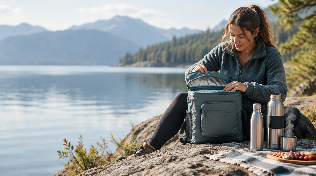 Randonneuse ouvrant un sac à dos isotherme au bord d'un lac, gourde inox et thermos à côté