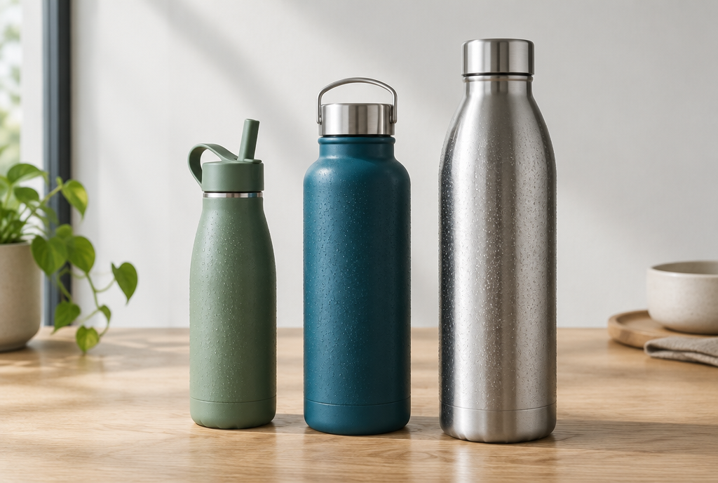 Trois gourdes isothermes inox de contenances différentes sur une table en chêne Image