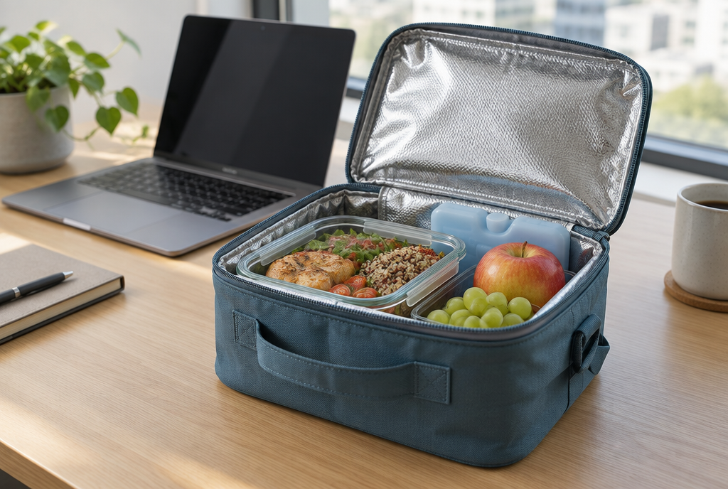 Lunch bag isotherme ouvert sur un bureau, doublure argentée et repas au frais Image