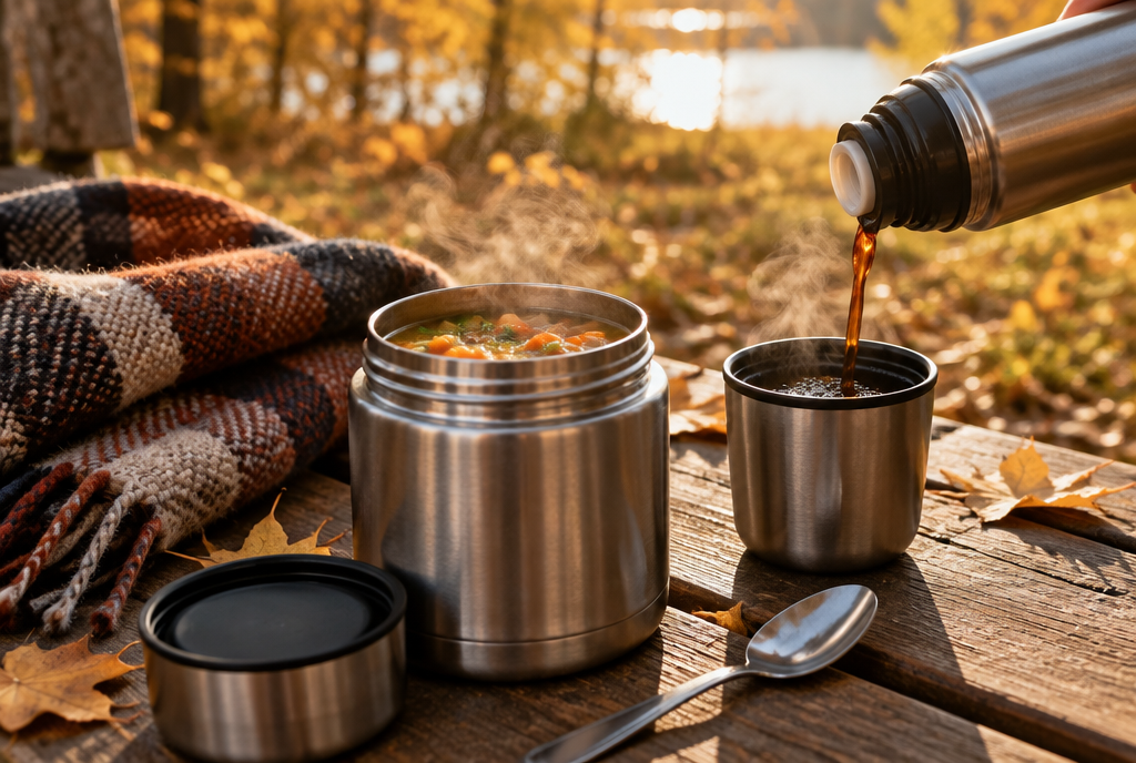 Thermos alimentaire ouvert avec une soupe fumante et bouteille thermos versant du café Image