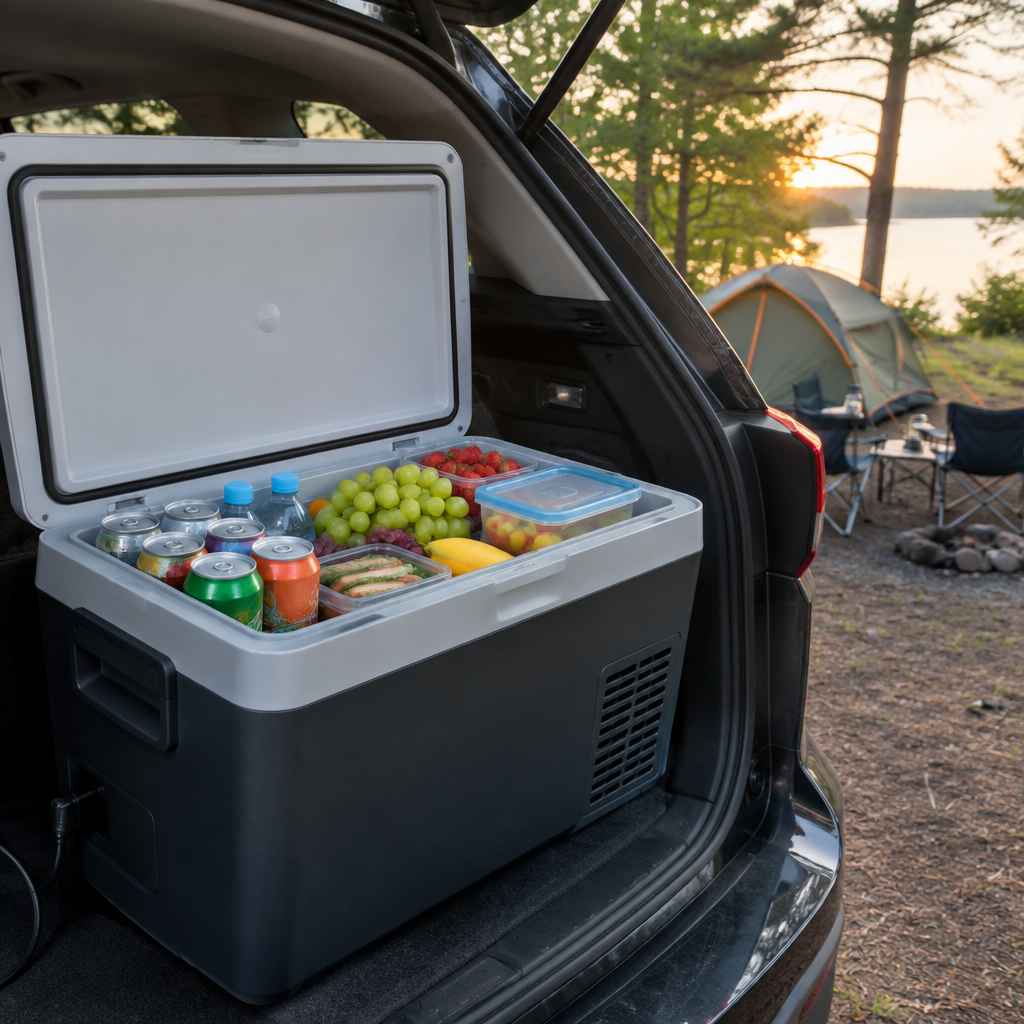 Glacière électrique 12V ouverte dans le coffre d'une voiture au camping