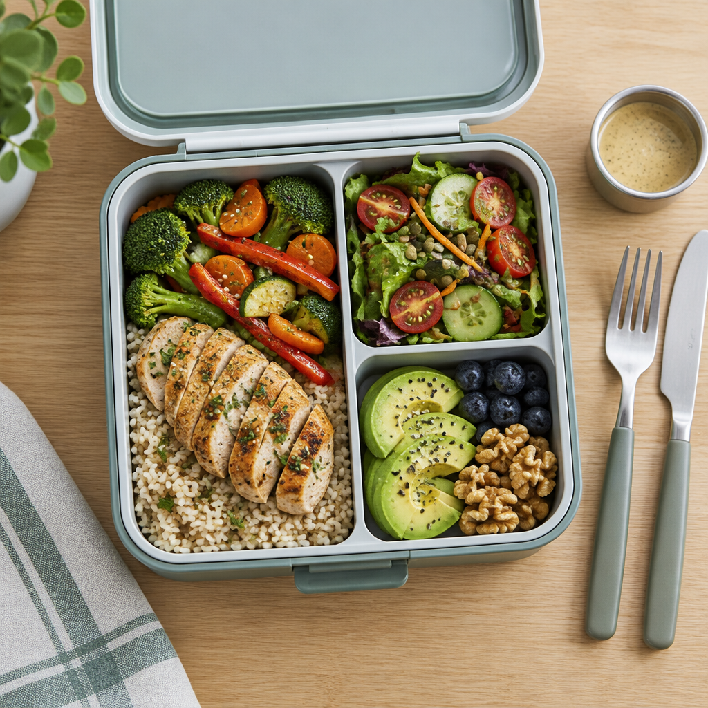 Bento isotherme à trois compartiments garni d'un repas équilibré