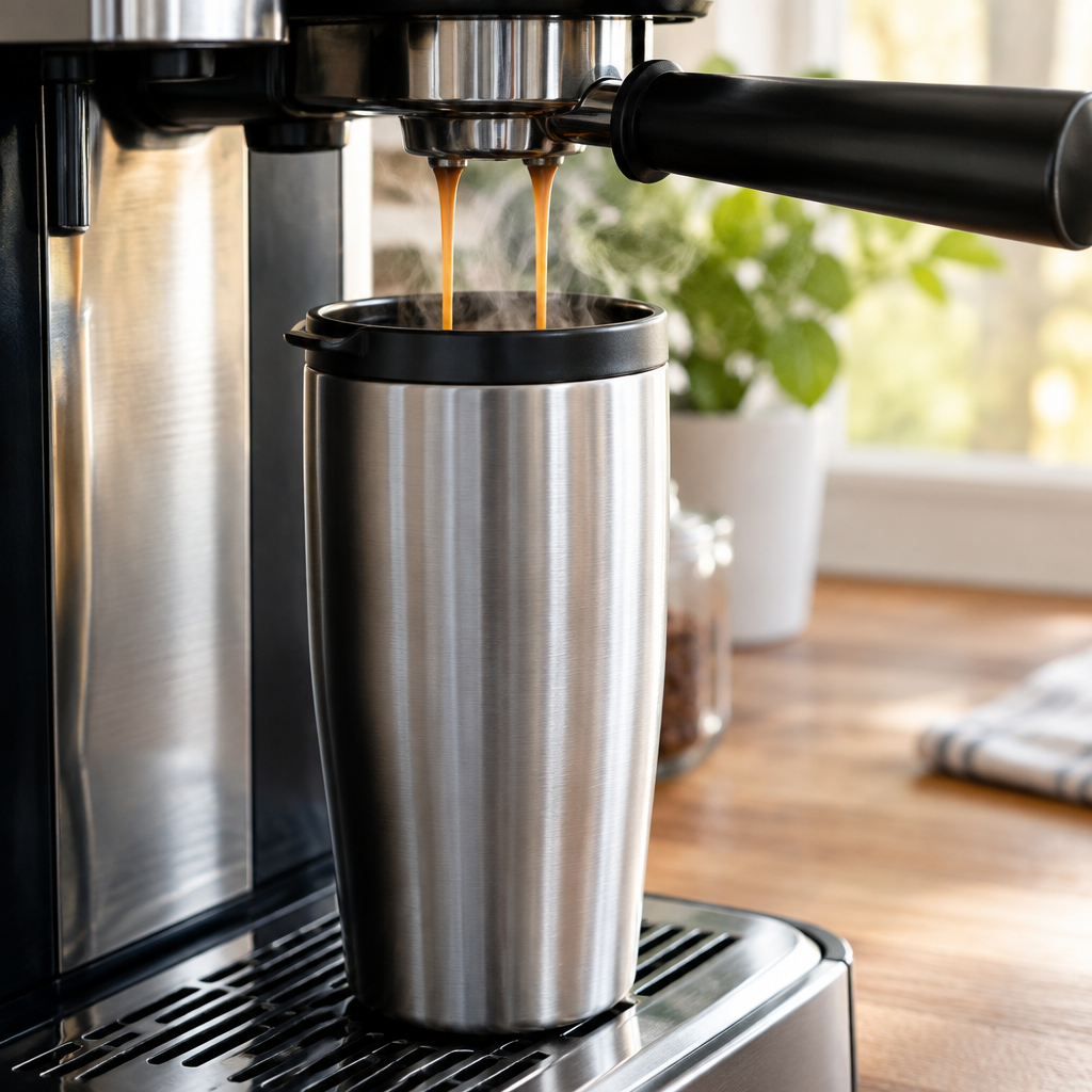 Travel mug isotherme inox rempli sous le bec d'une machine à café