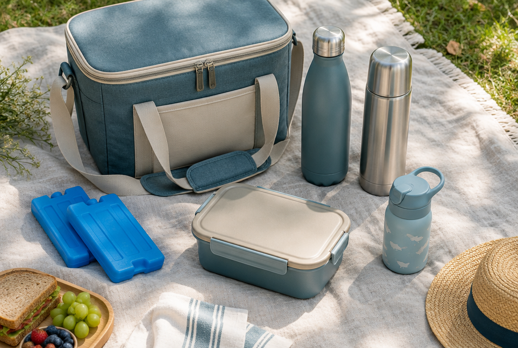 Sac glacière, pains de glace, gourde, thermos et lunch box sur une couverture de pique-nique Image